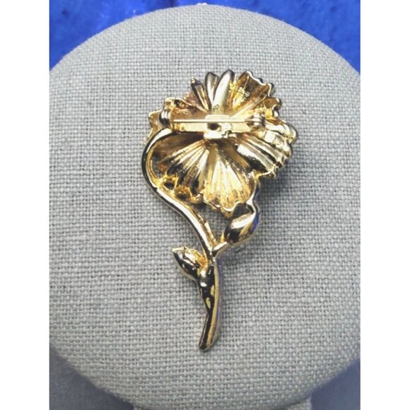 vintage gold tone floral design chrystal lined stem brooch - Picture 10 of 11